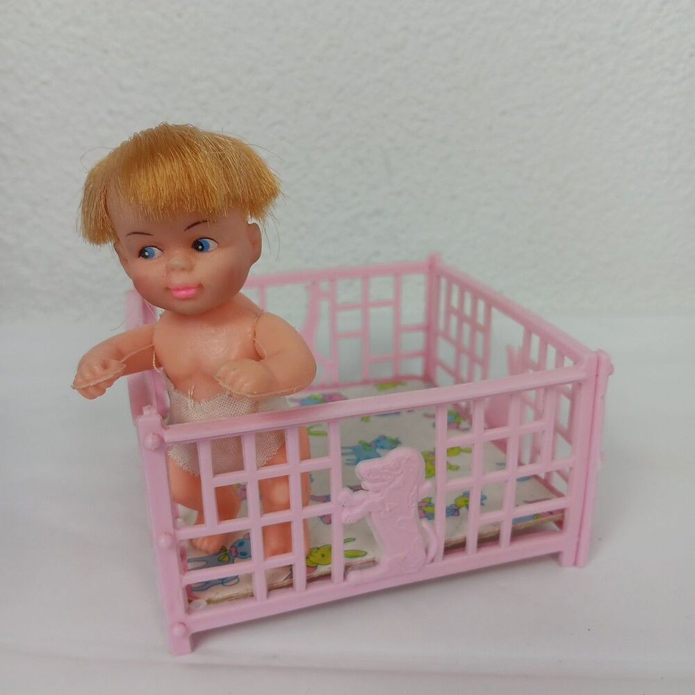 Vintage Doll with Playpen Pink Animals Unbranded Vintage Hong Kong